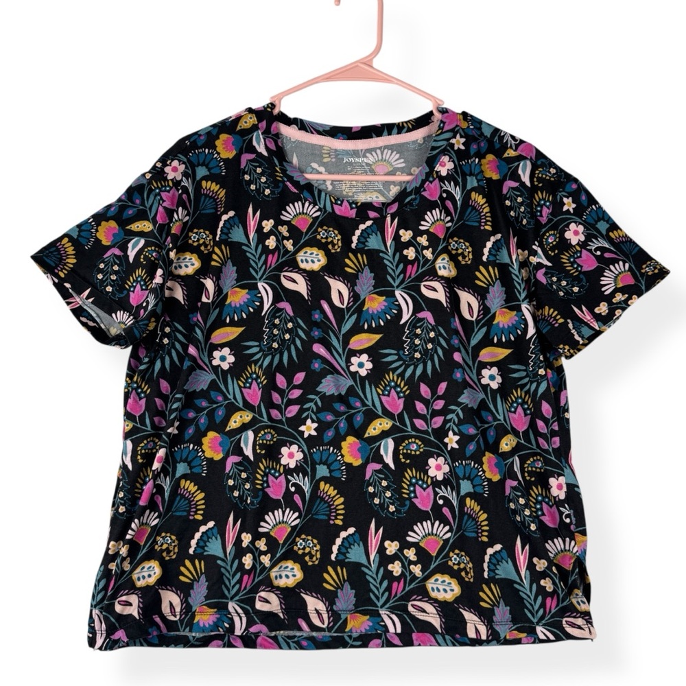 Joyspun Pajama Top Womens L Large 12/14 Multicolor Floral On Black Short Sleeves
